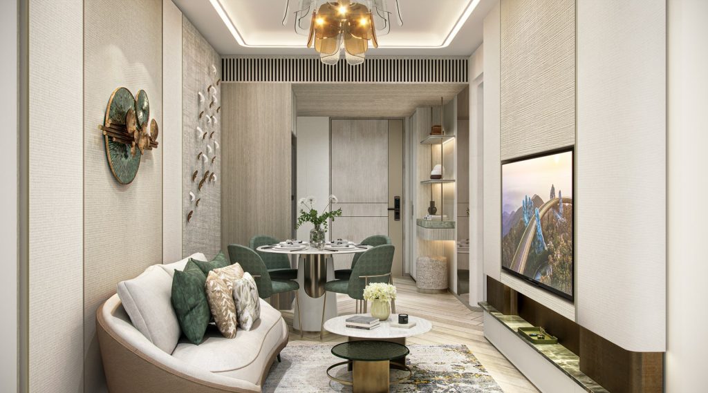 Sun Xuân Thủy Cầu Giấy 8 Nội thất căn hộ 1 phòng ngủ tại Sun Xuân Thủy, thiết kế hiện đại với sofa cong, bàn tròn ăn 4 ghế, tường trang trí nghệ thuật, đèn trần độc đáo và tivi gắn tường, tạo nên không gian sống đẳng cấp và tiện nghi.