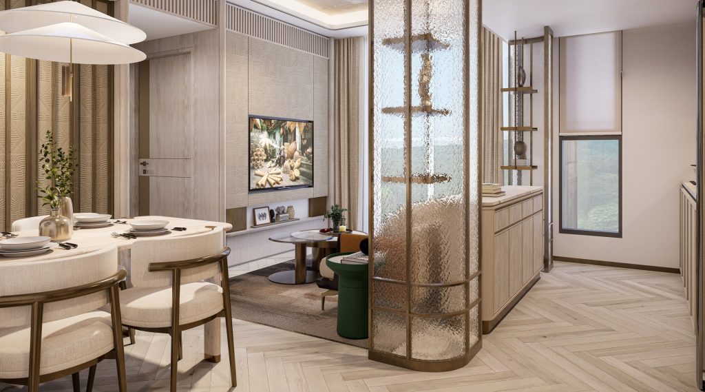 Sun Xuân Thủy Cầu Giấy 9 Nội thất căn hộ 2 phòng ngủ tại Sun Xuân Thủy với khu vực bàn ăn 4 ghế, phòng khách ấm cúng, vách kính nghệ thuật phân tách không gian, cửa sổ lớn đón ánh sáng tự nhiên, sàn gỗ xương cá và tông màu be nhã nhặn.