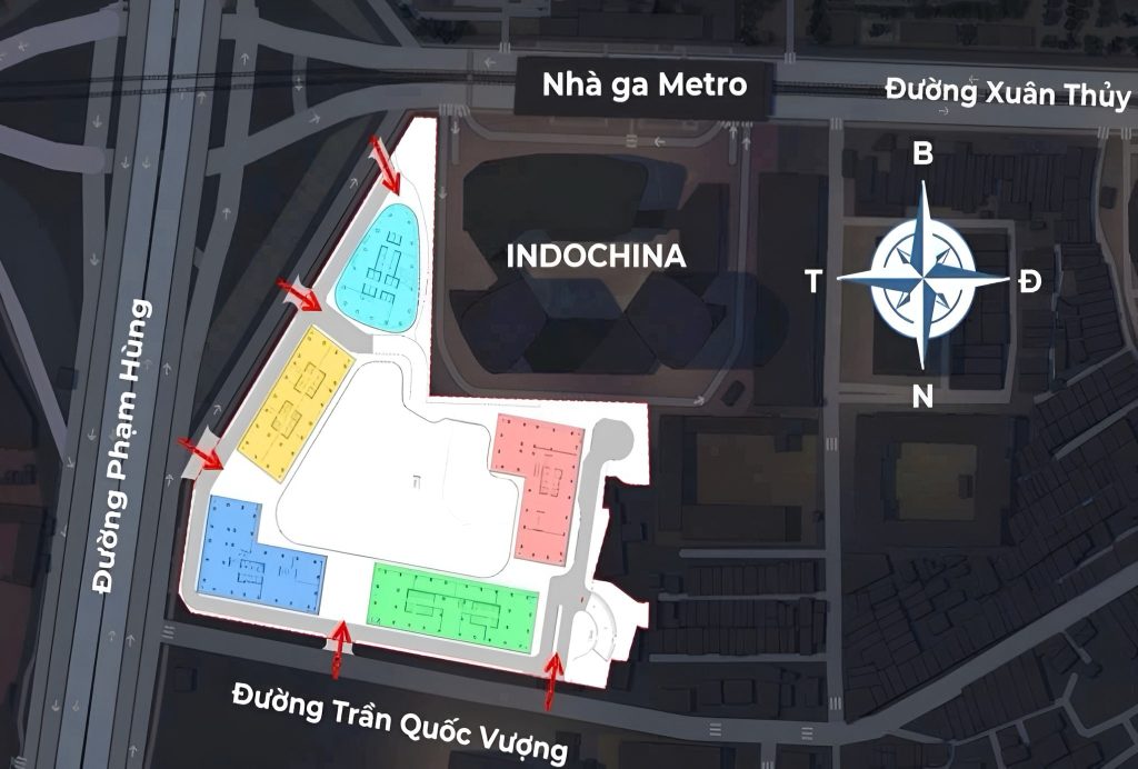 Sun Xuân Thủy Cầu Giấy 6 Sơ đồ mặt bằng dự án Sun Xuân Thủy tại Cầu Giấy, Hà Nội, thể hiện vị trí các khối công trình nhiều màu sắc, giáp các trục đường lớn như Phạm Hùng, Xuân Thủy, Trần Quốc Vượng, với nhà ga Metro ngay phía Bắc và khu Indochina Plaza đối diện.