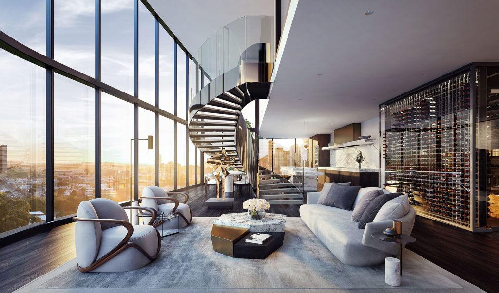 Sun Xuân Thủy Cầu Giấy 12 Phòng khách căn hộ Penthouse tại Sun Xuân Thủy với trần cao hai tầng, tường kính toàn cảnh, cầu thang xoắn ốc kính, nội thất cao cấp gồm sofa cong, bàn đá cẩm thạch, ghế bọc vải sang trọng, bếp mở ốp đá tự nhiên và tủ rượu âm tường quy mô lớn. Ánh sáng hoàng hôn chiếu vào làm nổi bật không gian đẳng cấp.