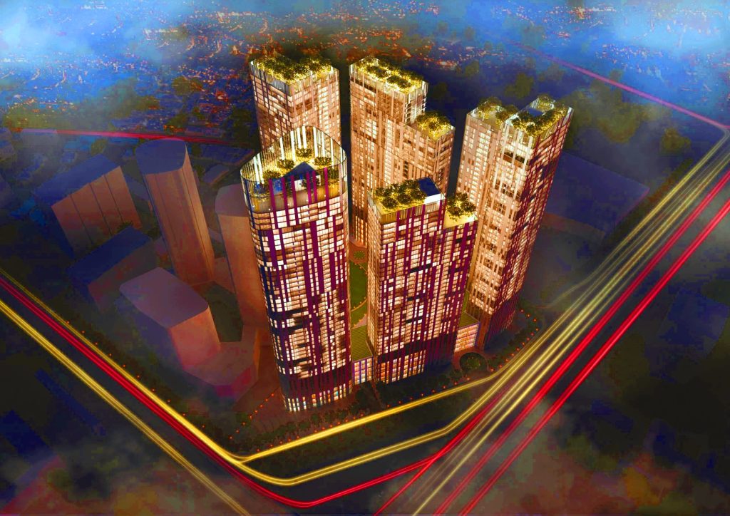 Sun Xuân Thủy Cầu Giấy 2 Phối cảnh tổng thể dự án Sun Xuân Thủy tại Cầu Giấy Hà Nội với hệ thống tòa tháp cao cấp, thiết kế hiện đại, nổi bật ánh sáng về đêm.